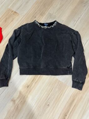 Embellished Neck Black Cropped Sweatshirt